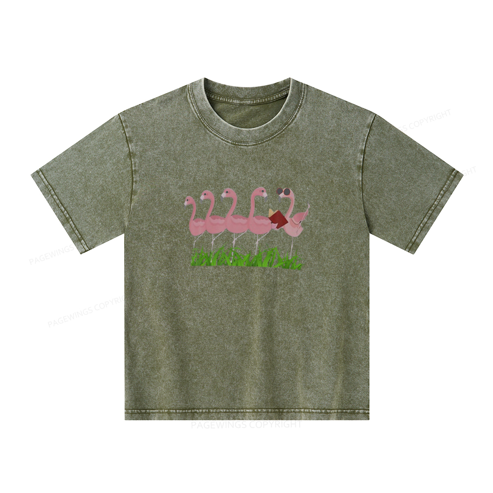 Pagewings Funny Flamingo Reading Book Unisex Kids Washed T-shirt
