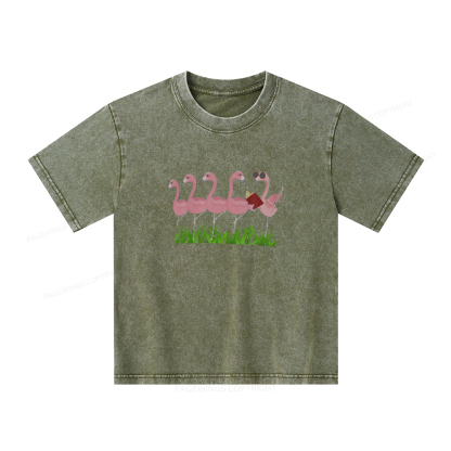 Pagewings Funny Flamingo Reading Book Unisex Kids Washed T-shirt