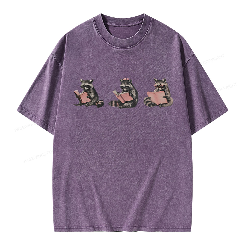 Pagewings Funny Raccoon Bookish Gift Unisex Washed T-shirt
