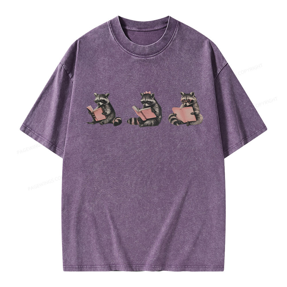 Pagewings Funny Raccoon Bookish Gift Unisex Washed T-shirt