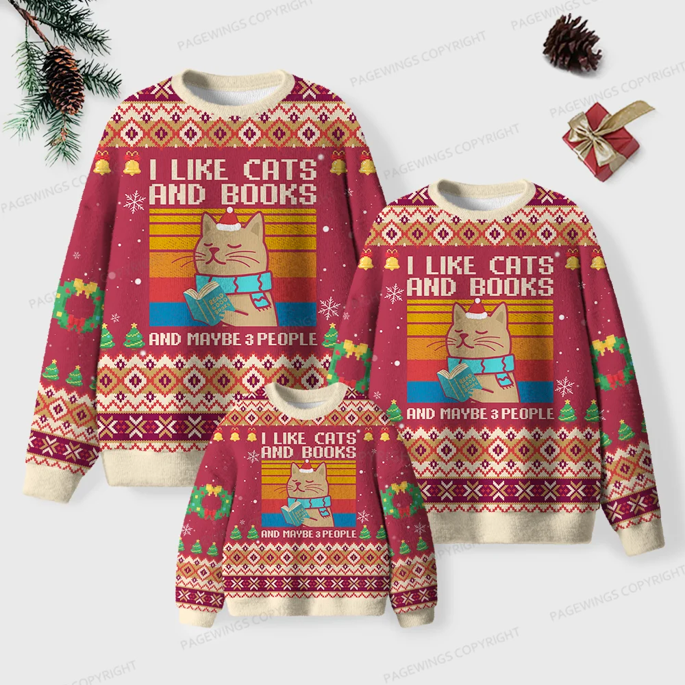 Pagewings I Like Cats And Books And Maybe 3 People Unisex Ugly Knit Sweatshirt