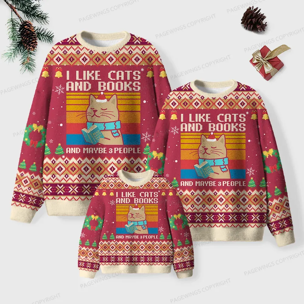 Pagewings I Like Cats And Books And Maybe 3 People Unisex Ugly Knit Sweatshirt