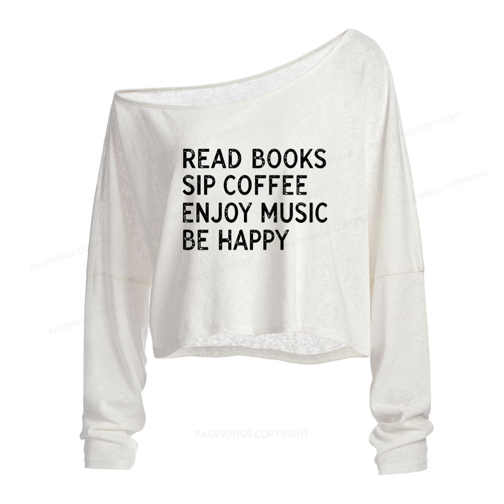 Pagewings Read Books Sip Coffee Slouchy Long Sleeve Off Shoulder T-shirt