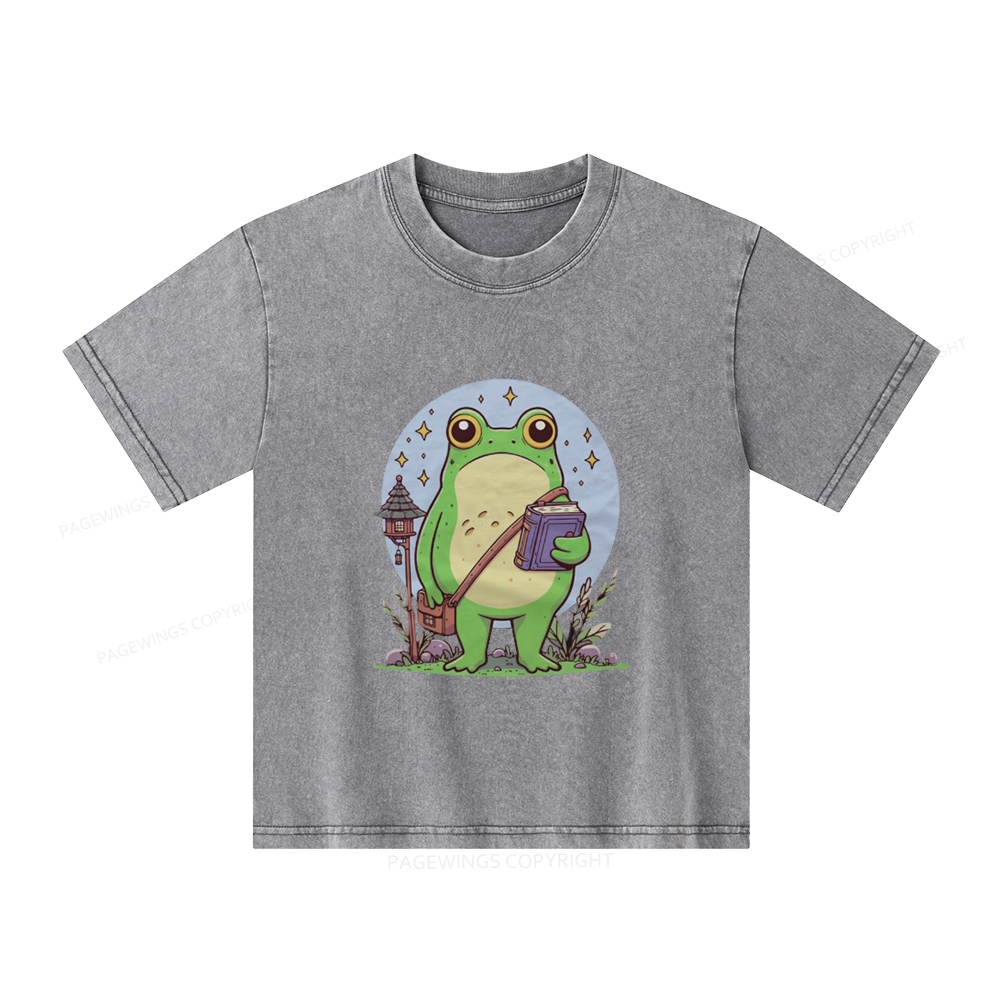 Pagewings Frog Reading Book Unisex Kids Washed T-shirt