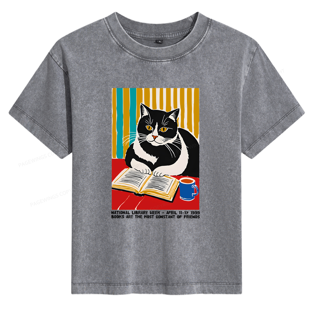 Pagewings Ational Library Week Cat Poster Women's Washed T-shirt