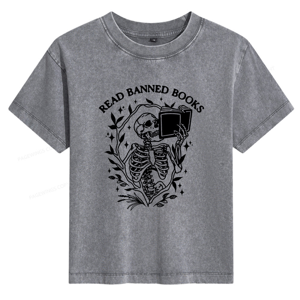 Pagewings Read Banned Books Skeleton Halloween Goth Protest Women's Washed T-shirt