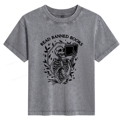 Pagewings Read Banned Books Skeleton Halloween Goth Protest Women's Washed T-shirt