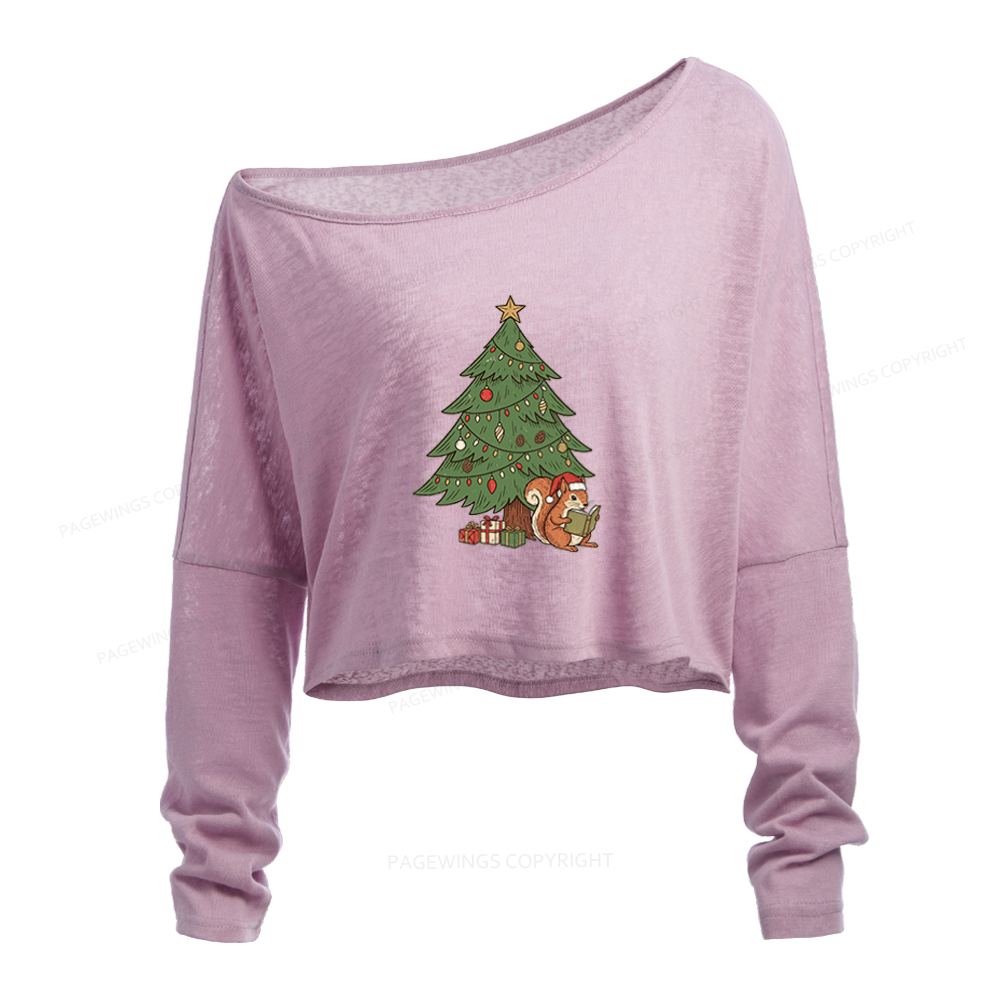 Pagewings Christmas Reading Slouchy Long Sleeve Off Shoulder T-shirt
