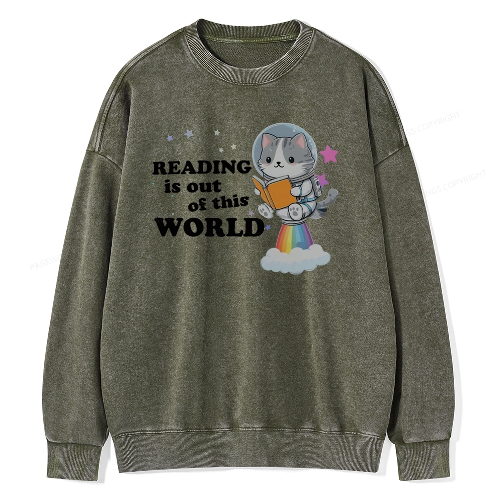 Pagewings Cat Reading in Space Unisex Washed Sweatshirt