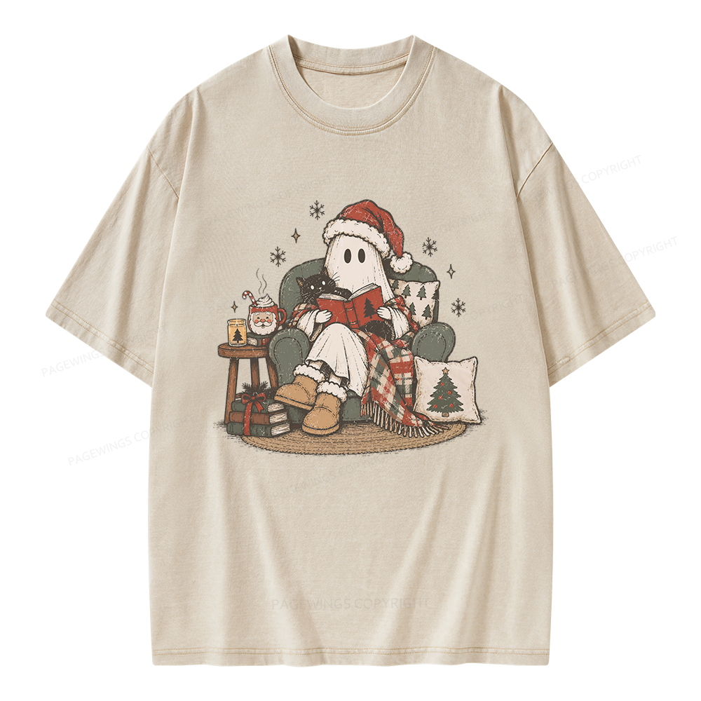 Pagewings Christmas Ghost Reading Unisex Washed T-shirt