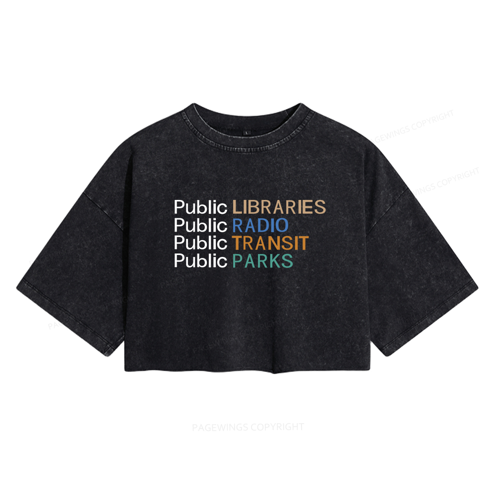 Pagewings Public Libraries Radio Transit Parks Women's Washed Cropped T-shirt