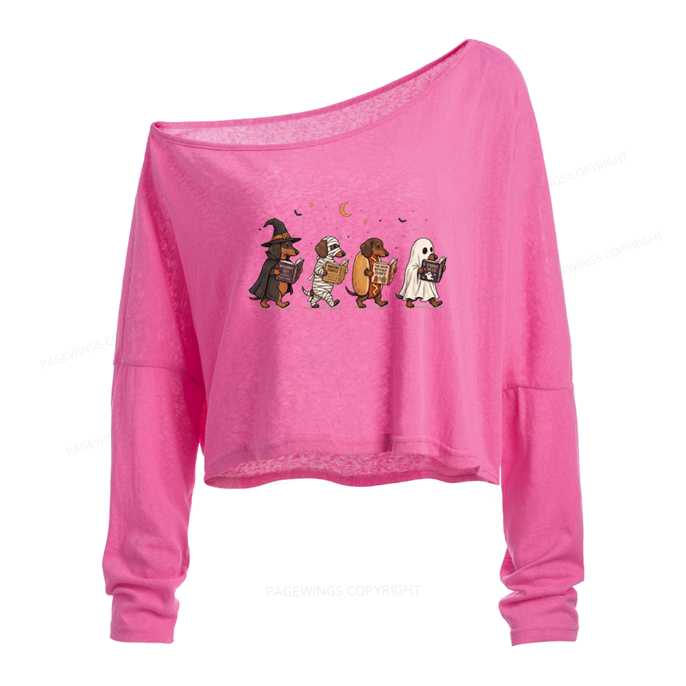 Pagewings Cute Spooky Season Wiener Dog Reading Slouchy Long Sleeve Off Shoulder T-shirt