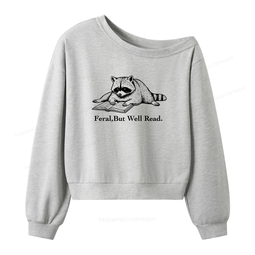 Pagewings Bookish Feral Raccoon Women Off Shoulder Sweatshirt