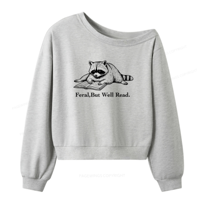 Pagewings Bookish Feral Raccoon Women Off Shoulder Sweatshirt