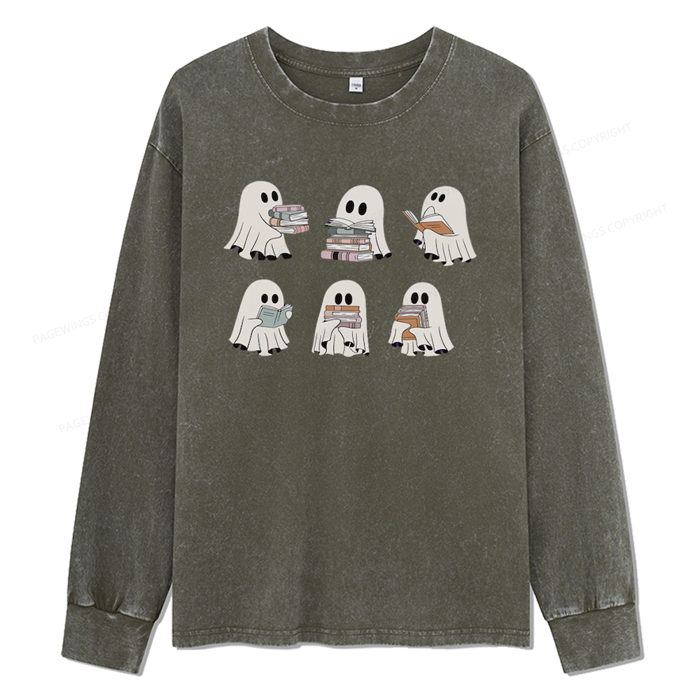 pagewings Ghost Reading Halloween Unisex Washed Long Sleeve T-shirt