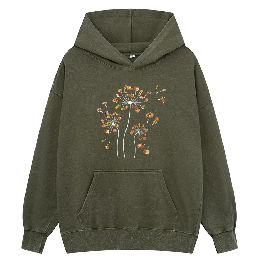 Pagewings Dandelion Flower Books Unisex Washed Hoodie