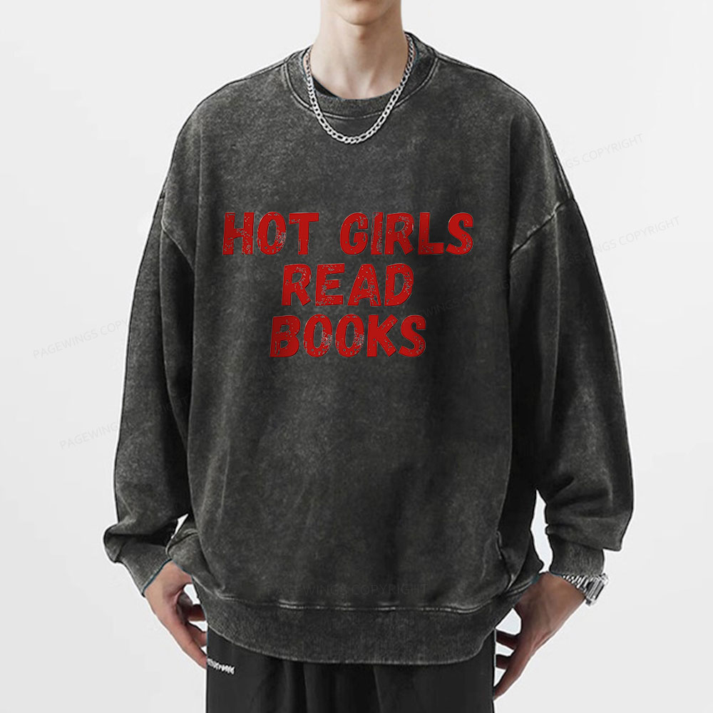 Pagewings Hot Girls Read Books Unisex Washed Sweatshirt