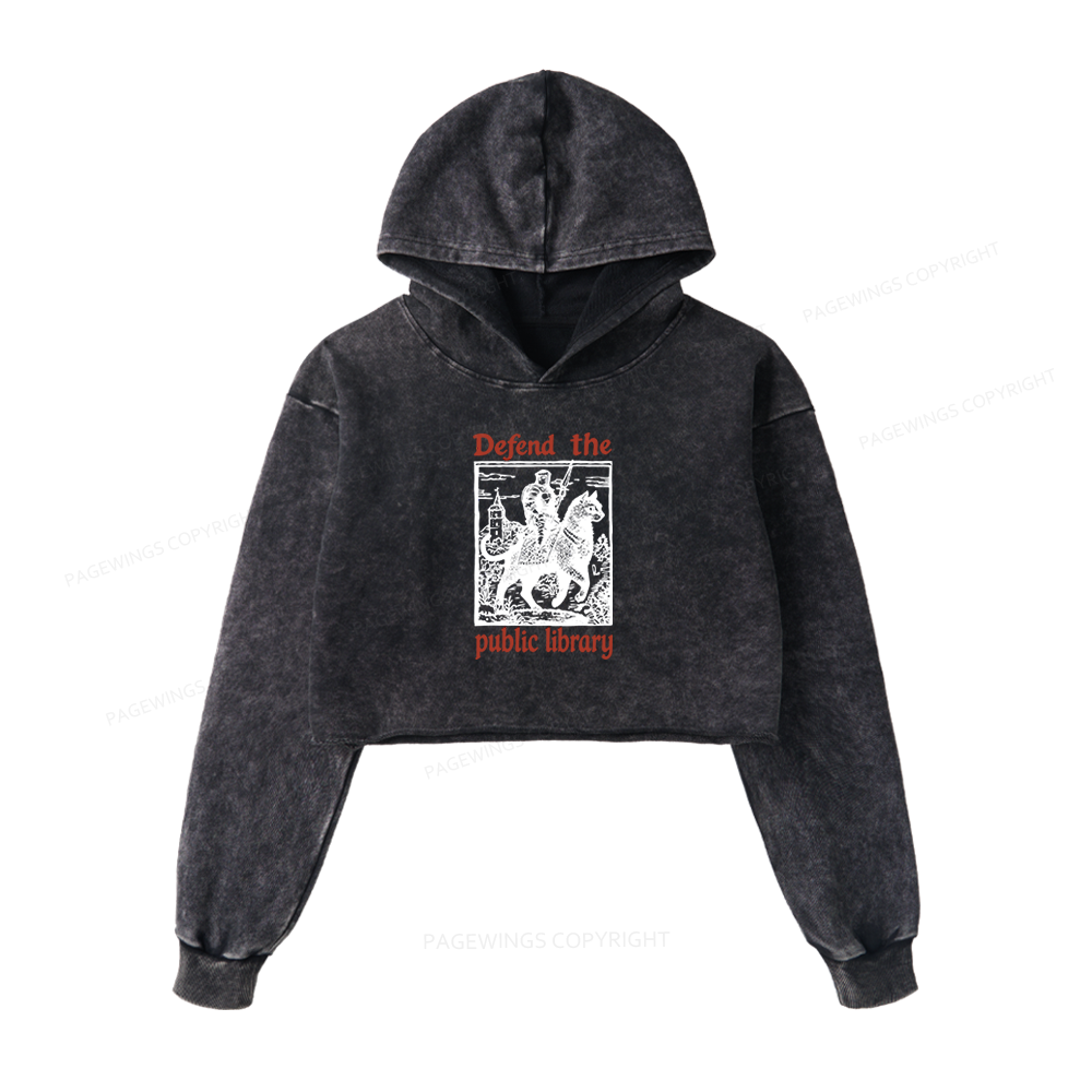 Pagewings Defend the Public Library Washed Crop Hoodie