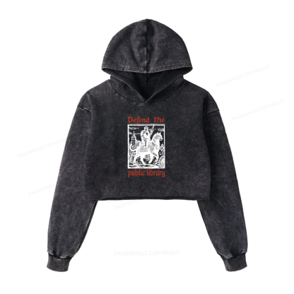 Pagewings Defend the Public Library Washed Crop Hoodie