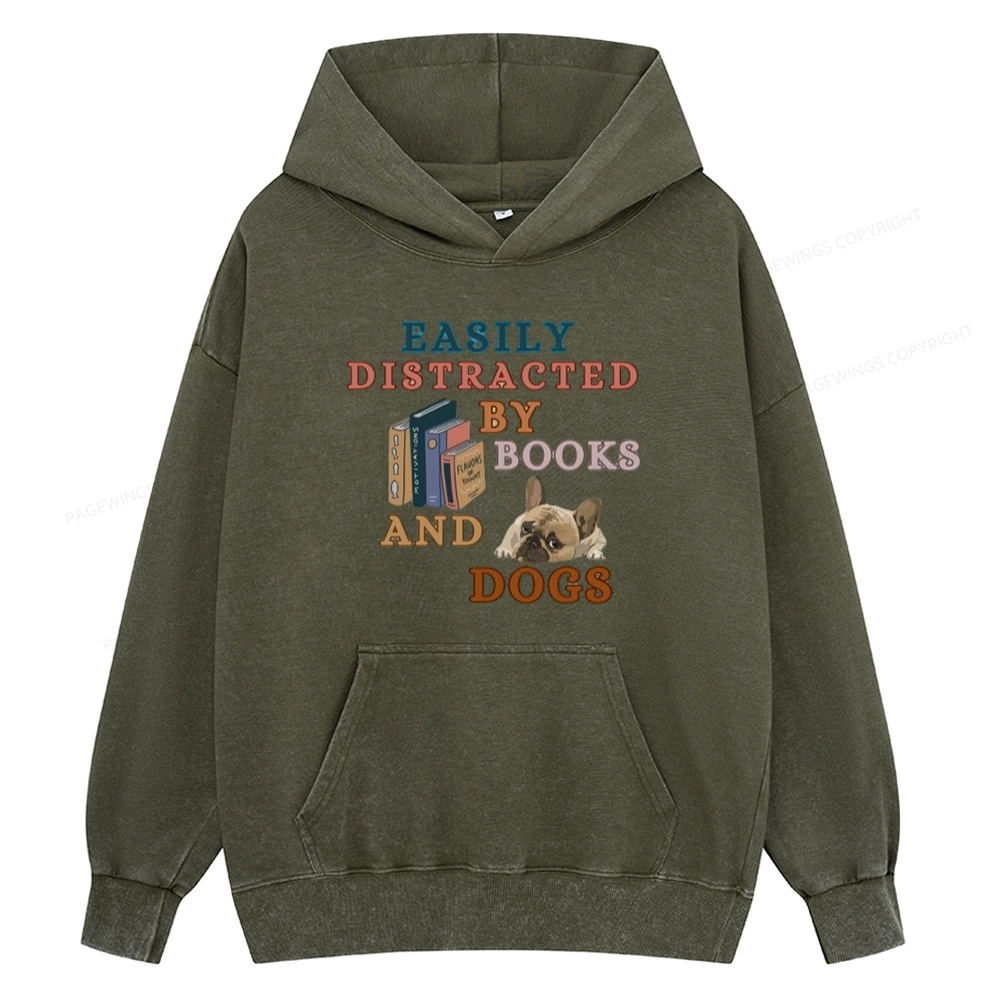 Pagewings Easily Distracted By Books And Dogs Unisex Washed Hoodie