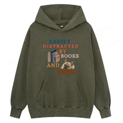 Pagewings Easily Distracted By Books And Dogs Unisex Washed Hoodie
