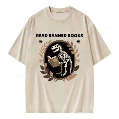 Pagewings Vintage Dinosaur Skeleton Reading Book Unisex Washed T-shirt