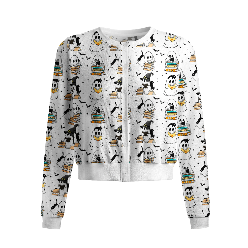 Pagewings Ghosts Love Reading Crew Neck Cardigan Sweaters