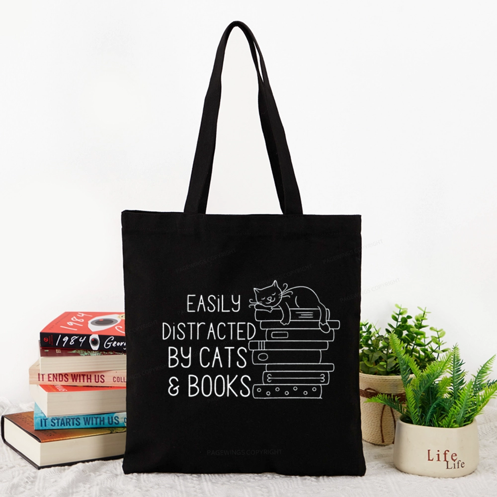Pagewings Easily Distracted By Cats and Books Tote Bag