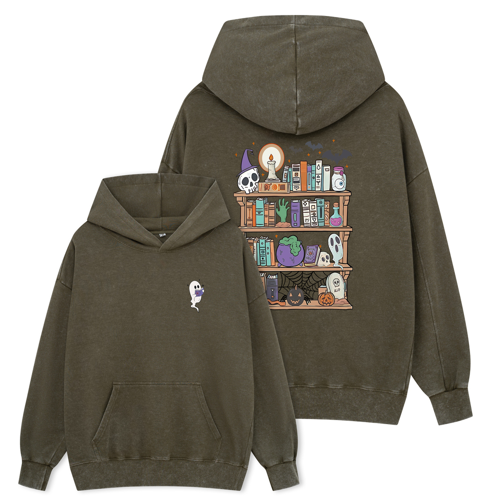 Pagewings Ghost Book Reader Halloween Unisex Washed Hoodie