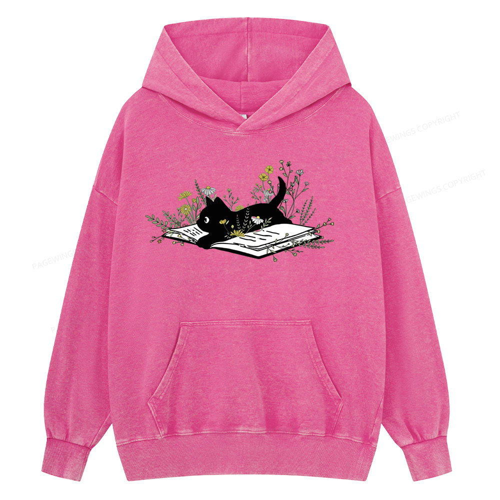 Pagewings Cute Book Cat Unisex Washed Hoodie