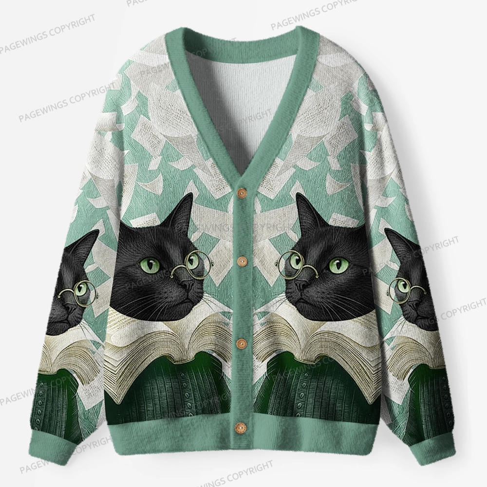 Pagewings Cats Loves Reading Unisex Ugly Cardigan Sweaters