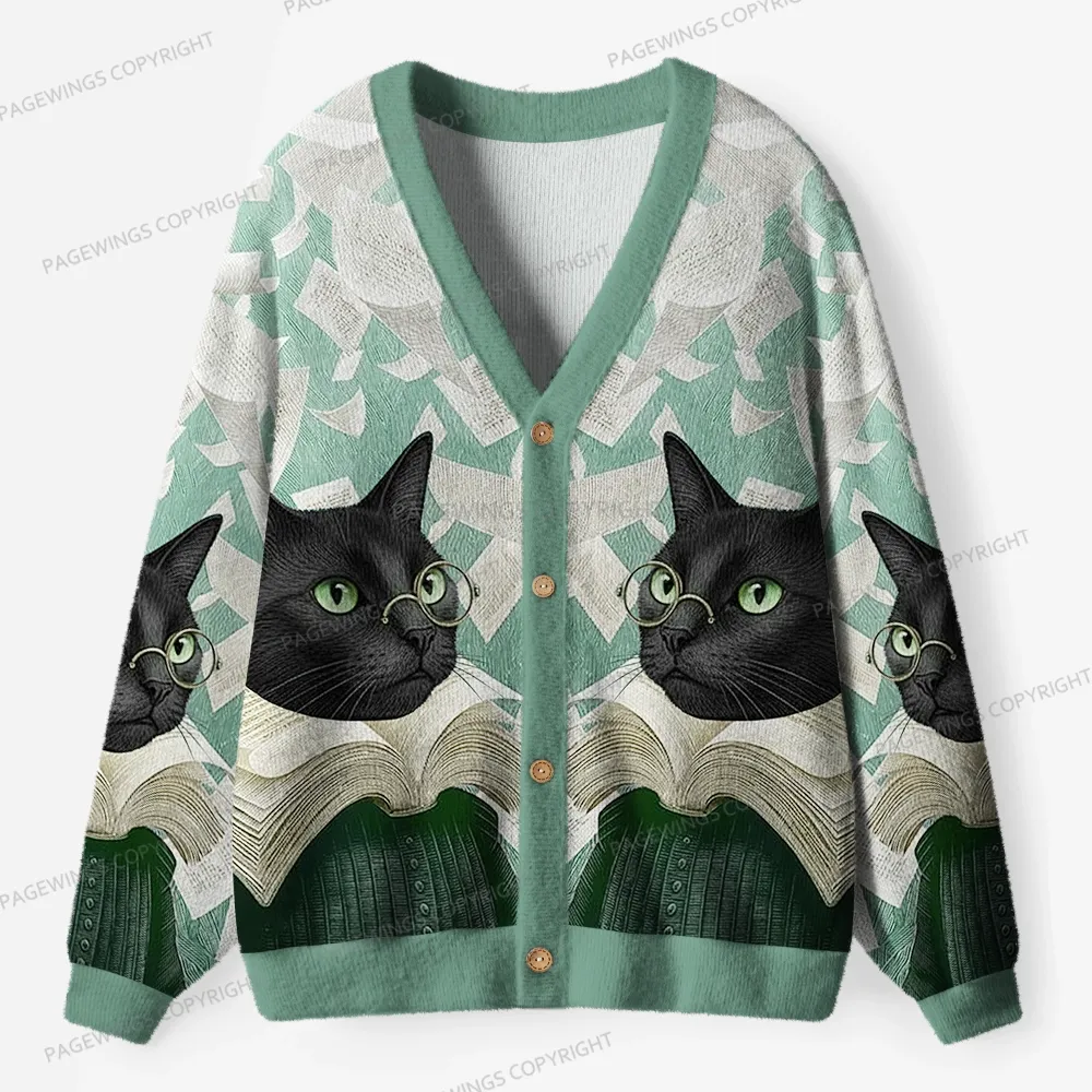 Pagewings Cats Loves Reading Unisex Ugly Cardigan Sweaters