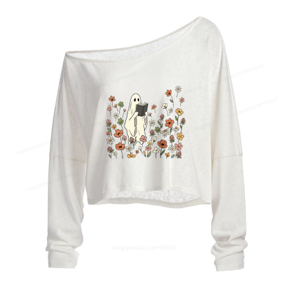 Pagewing Reading Ghost Slouchy Long Sleeve Off Shoulder T-shirt