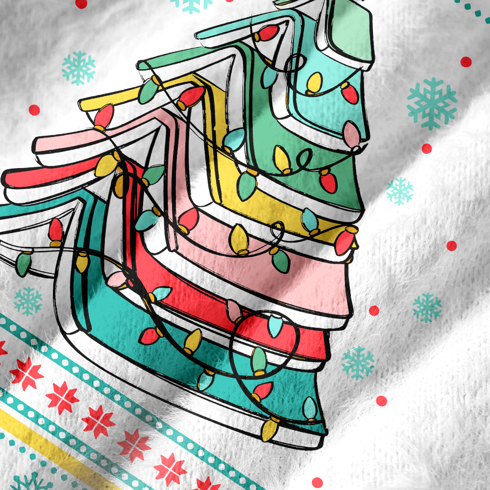 Pagewings Christmas Tree Made Of Books Off Shoulder Ugly Knit Sweater