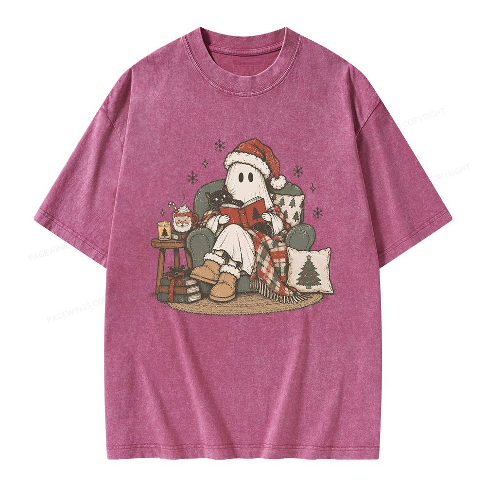 Pagewings Christmas Ghost Reading Unisex Washed T-shirt