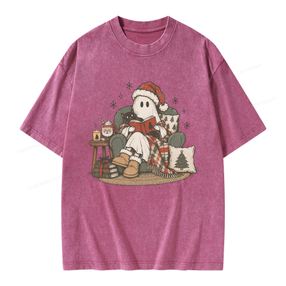 Pagewings Christmas Ghost Reading Unisex Washed T-shirt
