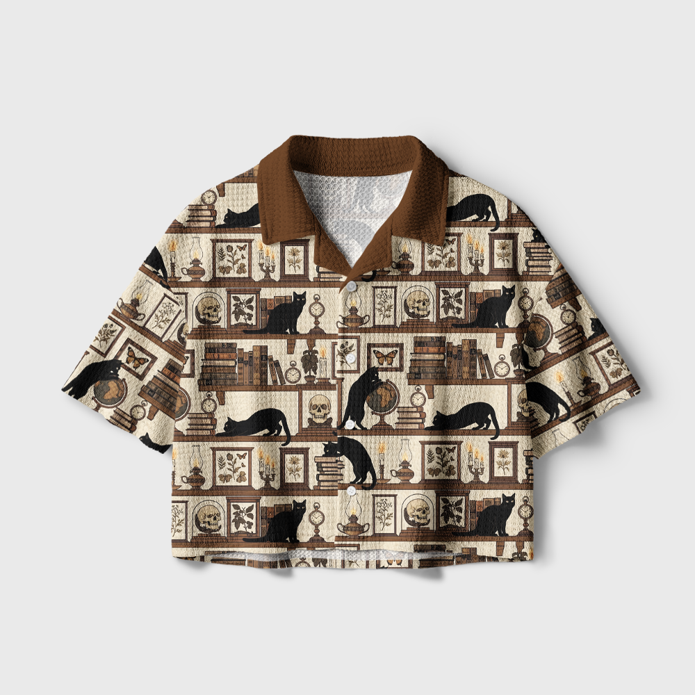 Pagewings Vintage Library Cat Camp Collar Boxy Fit Unisex Crochet Shirt