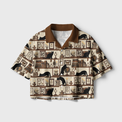 Pagewings Vintage Library Cat Camp Collar Boxy Fit Unisex Crochet Shirt
