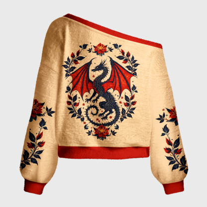 Pagewings Book Dragon Off Shoulder Ugly Knit Sweater