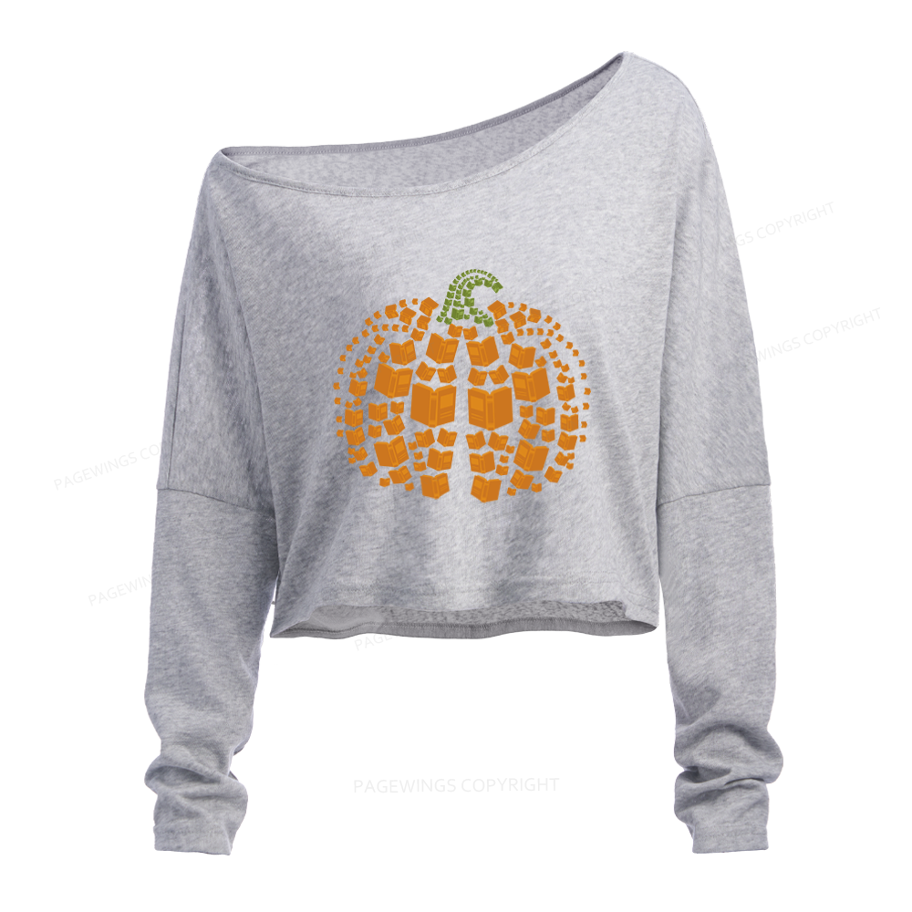 Pagewings Thanksgiving Book Pumpkin Slouchy Long Sleeve Off Shoulder T-shirt