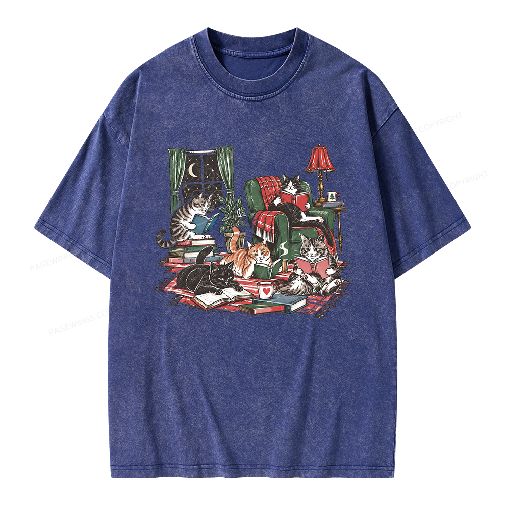 Pagewings Cats Reading Books Unisex Washed T-shirt
