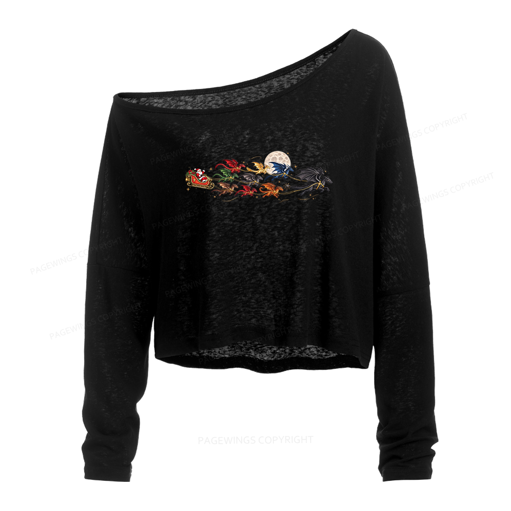 Pagewings Christmas Dragon Bookish Slouchy Long Sleeve Off Shoulder T-shirt
