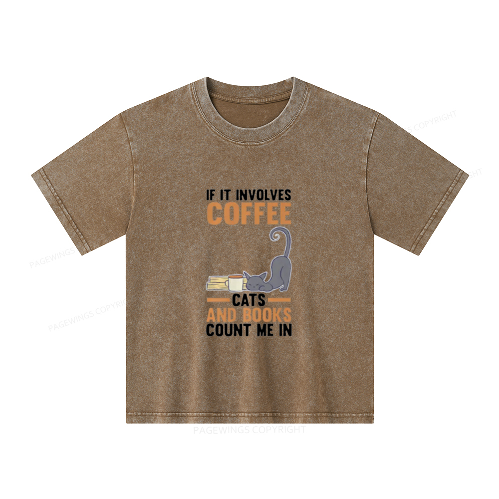Pagewings Cats Reading Books Coffee T Shirts Unisex Kids Washed T-shirt