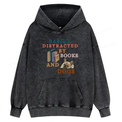 Pagewings Easily Distracted By Books And Dogs Unisex Washed Hoodie
