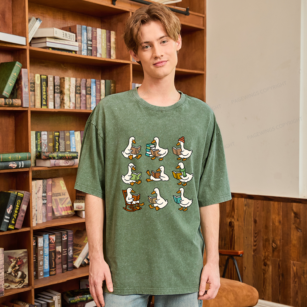 Pagewings Cute Goose Reading Unisex Washed T-shirt