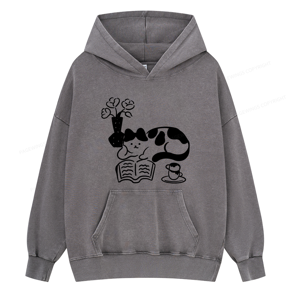 Pagewings The Cat Who Loves Reading Unisex Washed Hoodie