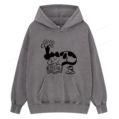 Pagewings The Cat Who Loves Reading Unisex Washed Hoodie
