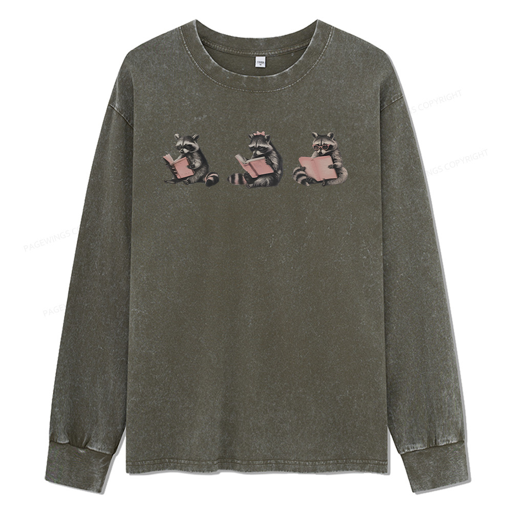 Pagewings Funny Raccoon Bookish Gift Unisex Washed Long Sleeve T-shirt