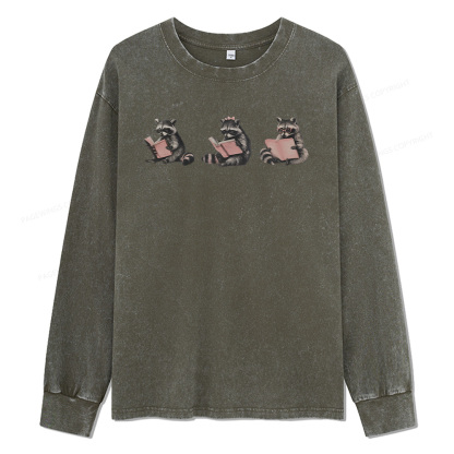 Pagewings Funny Raccoon Bookish Gift Unisex Washed Long Sleeve T-shirt