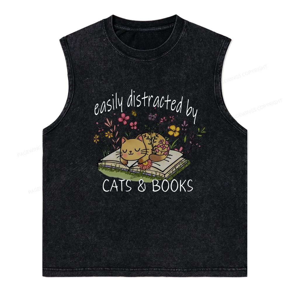 Pagewings Easily Distracted By Cats And Books Unisex Washed Tank Top